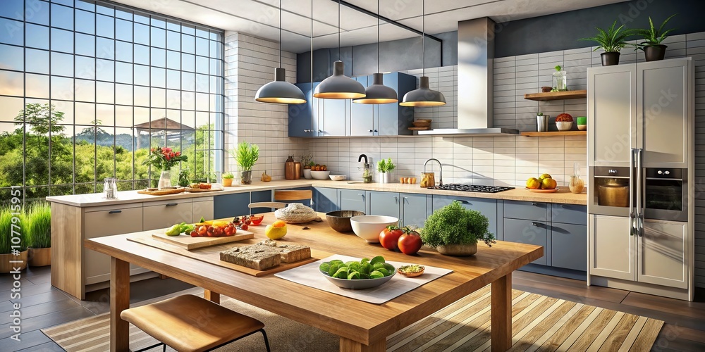 Architectural Blueprint of an Innovative House Under Construction with Detailed Food Presentation and Culinary Elements in a Modern Kitchen Setting