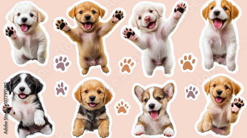 Collage of cute dog puppies with cheerful happy pose paws print celebrate festive sticker pink blue background. star and heart sticker decoration fun playful party fashion new year pet adorable wallpa