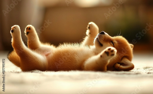 Shiba Inu puppy sleeping with both legs up generated by AI