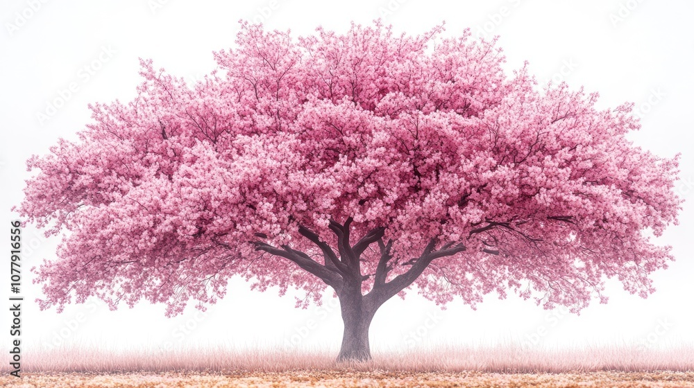 Fototapeta premium A vibrant pink flowering tree in a serene landscape.
