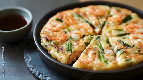 A serving of haemul pajeon, Korean seafood and green onion pancake, served with dipping sauce.