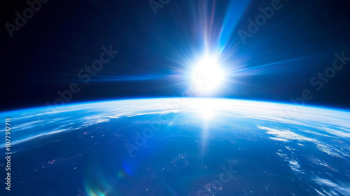 Earth in space universe planet with shiny star dark blue technology science background with copy space. astronomy starry sky shimmering glow wallpaper