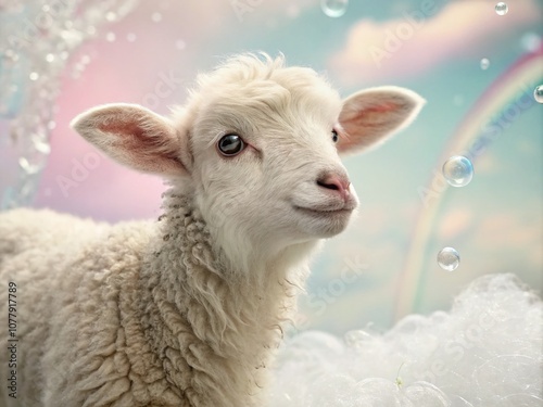 A Sweet and Fluffy Animated Lamb with Innocent Eyes Evoking Gentle Calmness and Curiosity in a Surreal Dreamlike Landscape of Soft Pastels and Ethereal Lighting photo