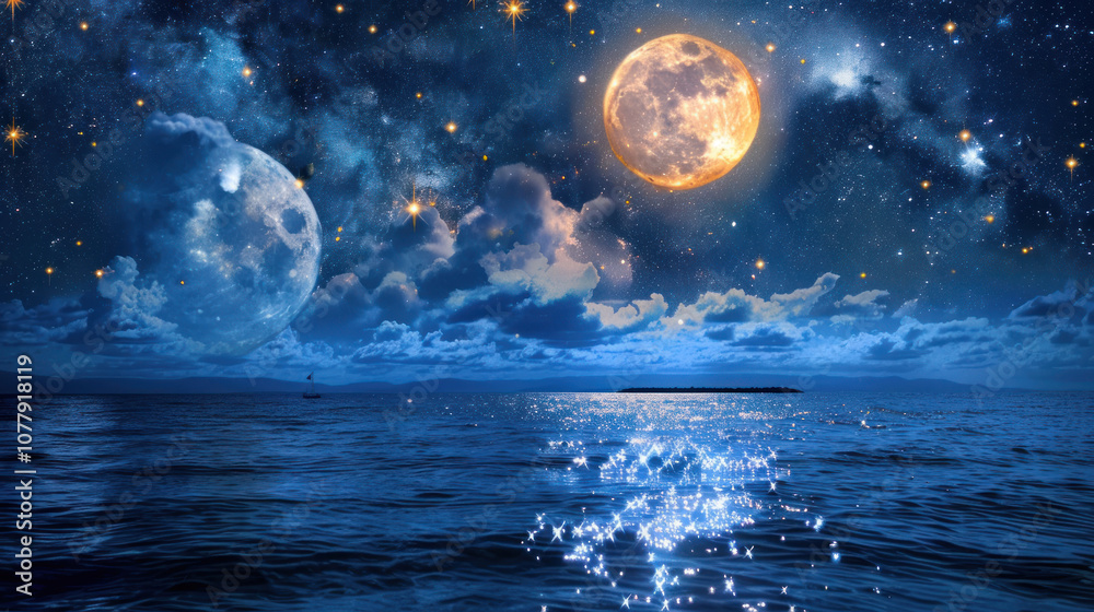 Fototapeta premium Moon and stars reflecting on a calm ocean, the night sky peaceful and full of wonder