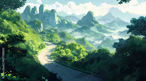 Scenic road trip through lush green landscapes of china generative ai. Cinematic. Illustration