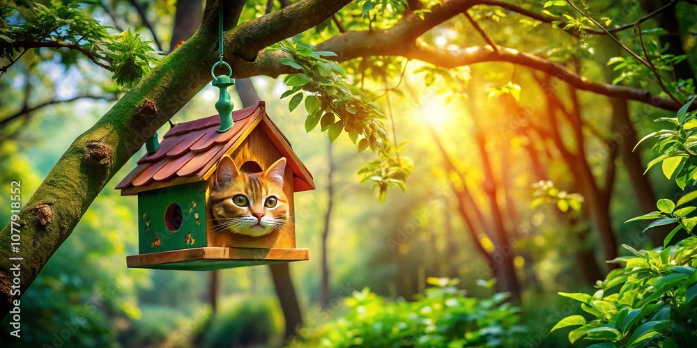 A whimsical cat-shaped birdhouse hangs from a tree in a vibrant, sunlit forest, showcasing nature's charm and promoting wildlife conservation in a serene and enchanting setting. A whimsical cat-shaped birdhouse hangs from a tree in a vibrant, sunlit forest, showcasing nature's charm and promoting wildlife conservation in a serene and enchanting setting.