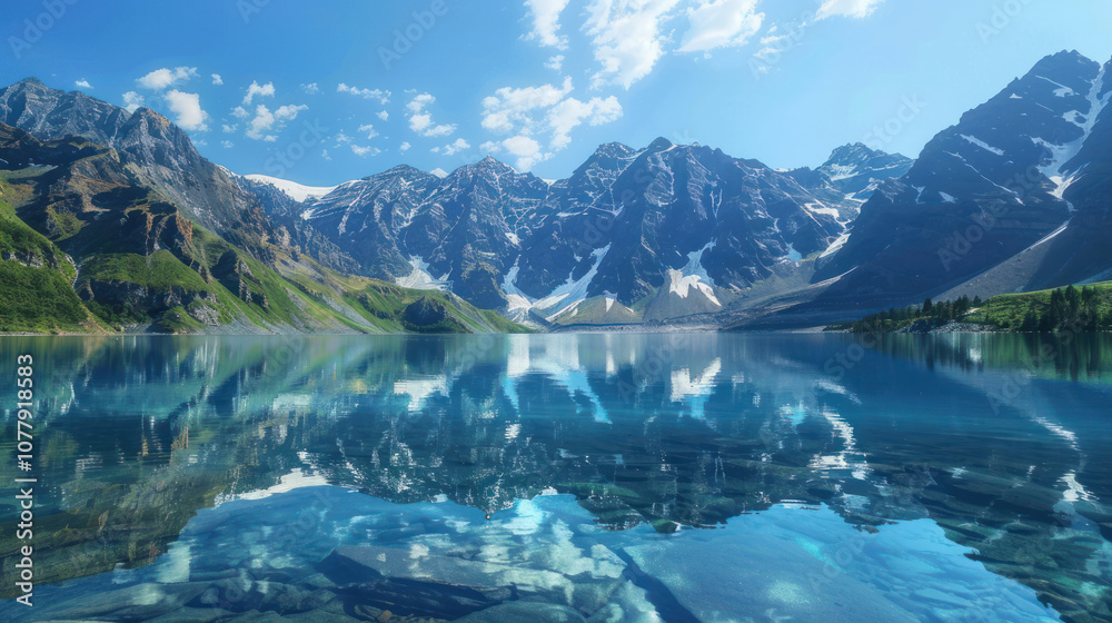Obraz premium Mountain lake with crystal-clear reflections of the peaks and a deep blue sky, creating a stunning, symmetrical landscape