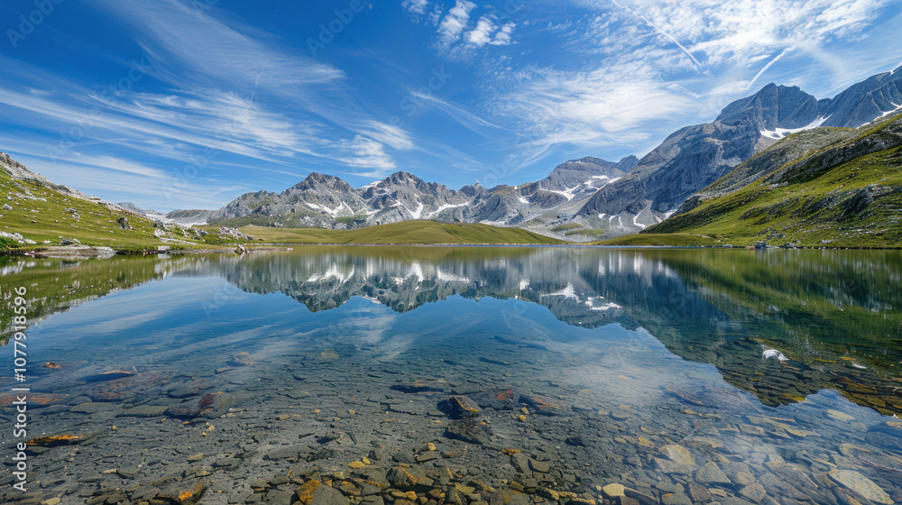 Mountain lake with crystal-clear reflections of the peaks and a deep blue sky, creating a stunning, symmetrical landscape