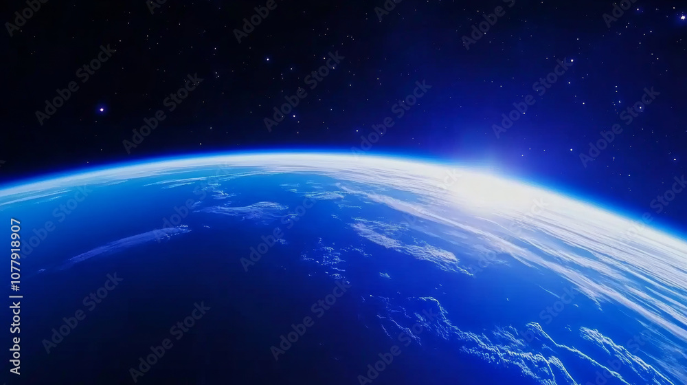 Fototapeta premium Earth in space universe planet with shiny star dark blue technology science background with copy space. astronomy starry sky shimmering glow wallpaper