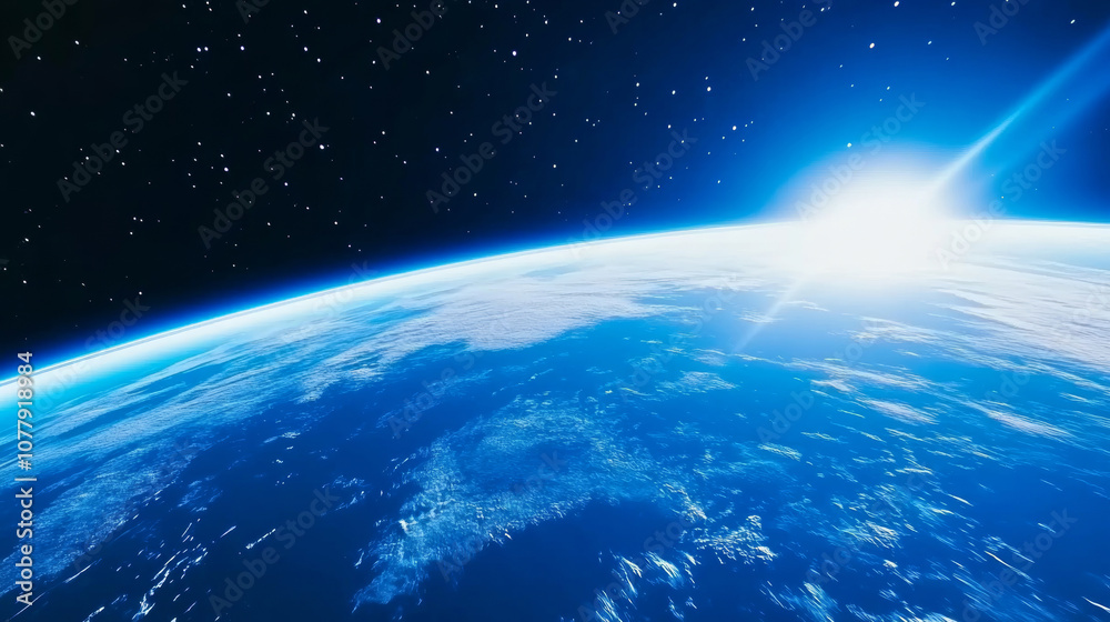 Obraz premium Earth in space universe planet with shiny star dark blue technology science background with copy space. astronomy starry sky shimmering glow wallpaper