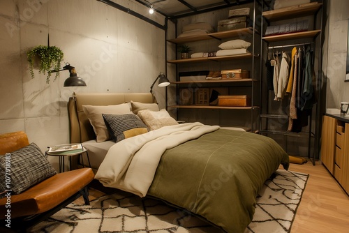落ち着いたグリーンのインテリアが魅力的なベッドルーム | Cozy Bedroom with Calming Green Tones and Natural Decor