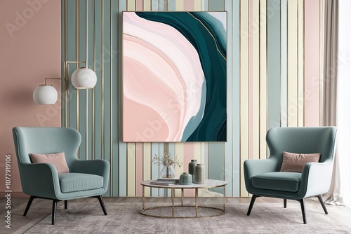 Modern Abstract Art Soft Pastel Striped Background and Stylish Armchair Mockup in Contemporary Interior Design