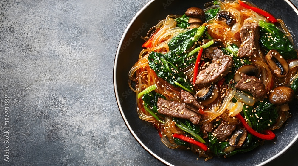 A serving of japchae, stir-fried glass noodles with beef, spinach, and mushrooms in a sweet soy sauce.
A serving of japchae, stir-fried glass noodles with beef, spinach, and mushrooms in a sweet soy sauce.