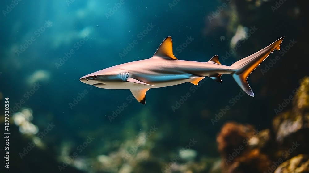 Obraz premium An aquanaut observes a sleeping shark in the soft blue hued underwater lighting captured in natural sea tones This tranquil scene showcases the beauty and mystery of the ocean s diverse marine life