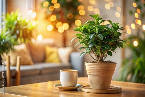 Bokeh Effect of a Beautiful Homemade Plant Displayed in a Beige Pot, Showcasing Depth and Softness in Warm Natural Light for Home Decor Inspiration