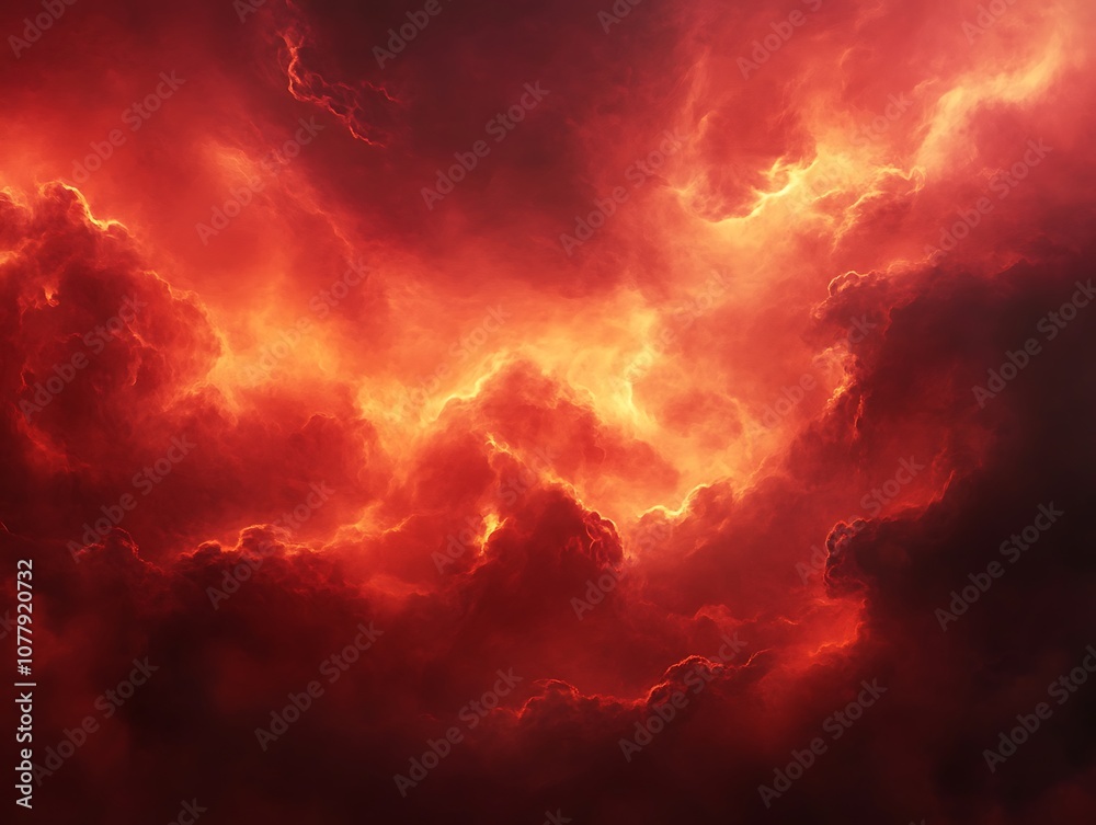 Billowing red and orange smoke clouds against a pitch-black background, creating a dramatic and abstract effect with intense contrast.