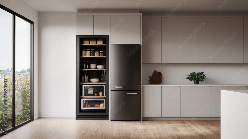 Fototapeta premium Sleek Kitchen Design with Rotating Pantry