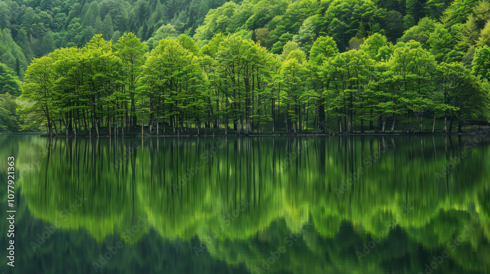 Serene lake with a thick forest lining the shoreline, the water reflecting the vibrant green trees in a perfect mirror image Serene lake with a thick forest lining the shoreline, the water reflecting the vibrant green trees in a perfect mirror image