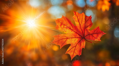 Vibrant red maple leaf glowing in sunlight during autumn in a forest