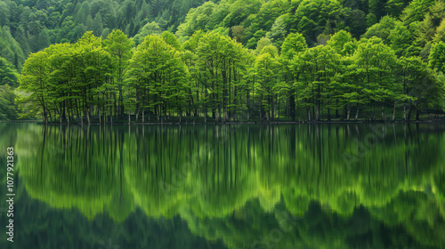Serene lake with a thick forest lining the shoreline, the water reflecting the vibrant green trees in a perfect mirror image