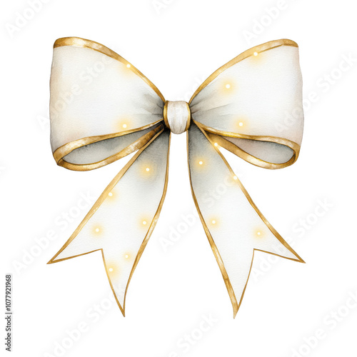 beautiful white bow with golden edges and fairy lights, perfect for festive decorations. This elegant design adds magical touch to any holiday setting