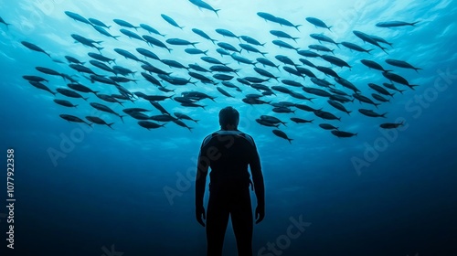 Aquanaut silhouetted by a school of fish with shimmering scales reflecting the light in the serene tranquil underwater depth  Exploring the mysterious and wondrous marine ecosystem photo