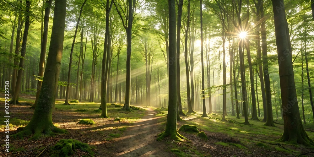 Obraz premium Sunlight through misty forest path in autumn morning