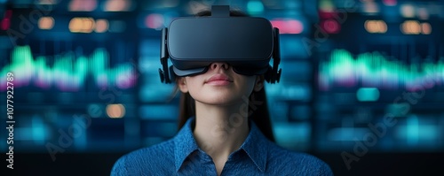 A woman wearing a virtual reality headset, immersed in digital data visualization, showcasing the intersection of technology and human experience.