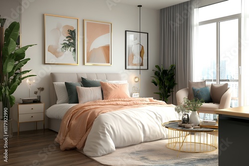 優雅なピーチカラーとアートが映える明るいベッドルーム | Elegant Bedroom with Peach Tones and Modern Art Decor photo