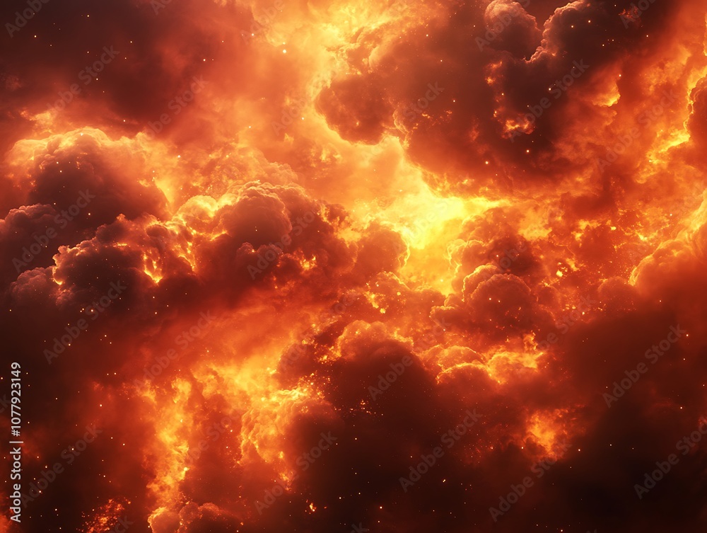Naklejka premium Billowing red and orange smoke clouds against a pitch-black background, creating a dramatic and abstract effect with intense contrast.