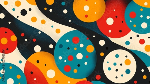 Captivating digital featuring a vibrant retro inspired pop art background with a dynamic composition of playful geometric shapes bold polka dots and fluid lines  This modern photo