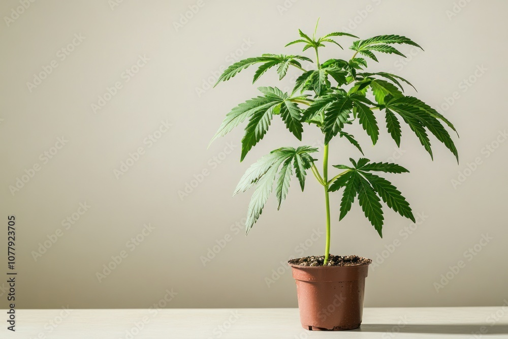 A young cannabis plant in a small pot, thriving with green leaves against a neutral background. A young cannabis plant in a small pot, thriving with green leaves against a neutral background.