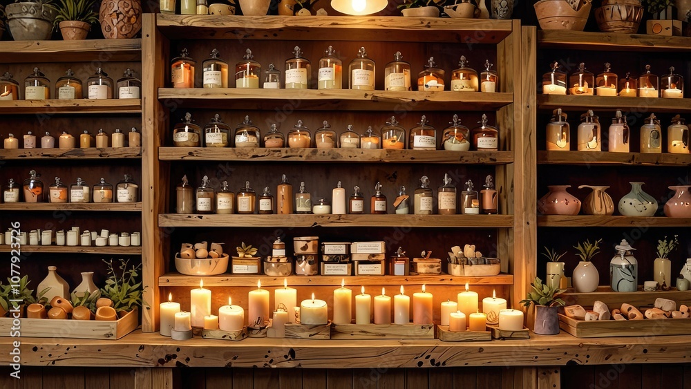 A rustic display of handmade soaps and candles in various shapes and colors, arranged on wooden shelves in a cozy artisanal shop.- A rustic display of handmade soaps and candles in various shapes and colors, arranged on wooden shelves in a cozy artisanal shop.-