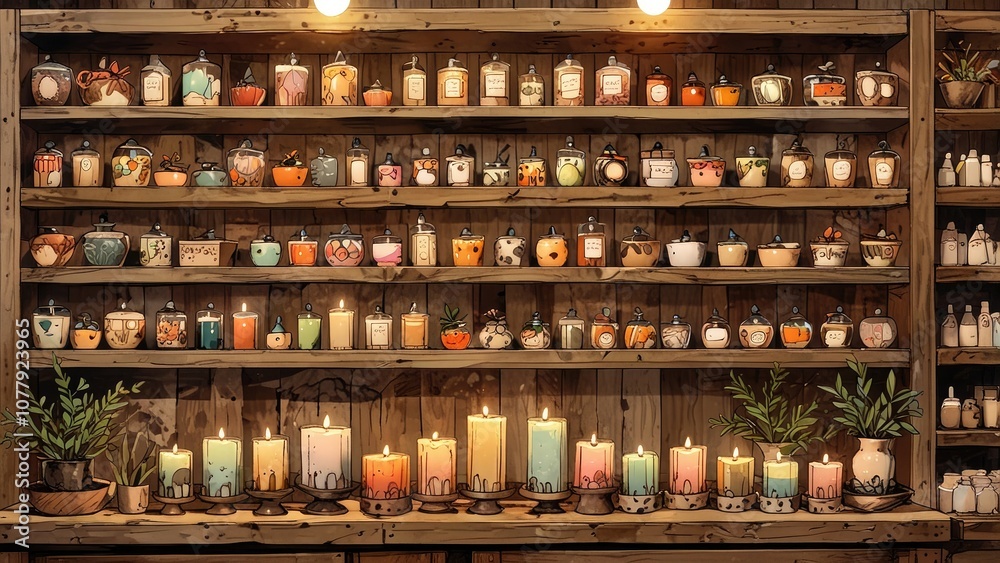A rustic display of handmade soaps and candles in various shapes and colors, arranged on wooden shelves in a cozy artisanal shop.- A rustic display of handmade soaps and candles in various shapes and colors, arranged on wooden shelves in a cozy artisanal shop.-