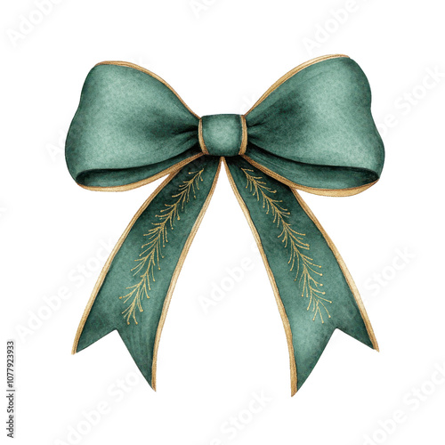 Elegant green bow with gold accents and intricate detailing, perfect for festive decorations and holiday themes. This Victorian style clipart adds touch of sophistication to any design