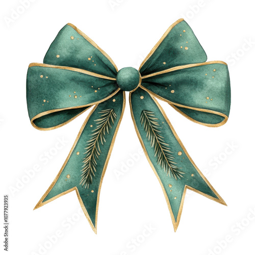 beautiful ornate Christmas bow in Victorian style, featuring green color with gold accents and delicate pine details, perfect for festive decorations
