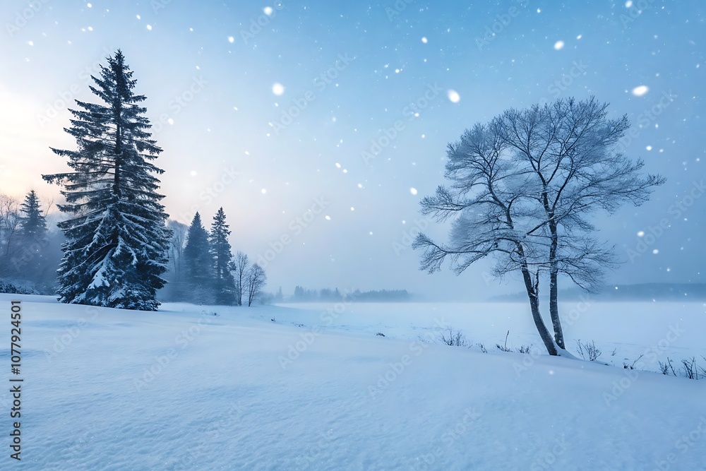 Fototapeta premium Winter forest landscape with snow-covered trees and a peaceful, frosty scene