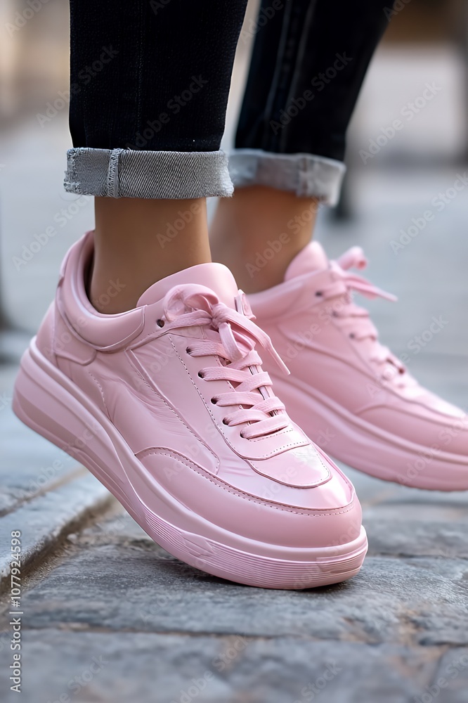 Close-up of pink women's sneakers with white laces. Close-up of pink women's sneakers with white laces.