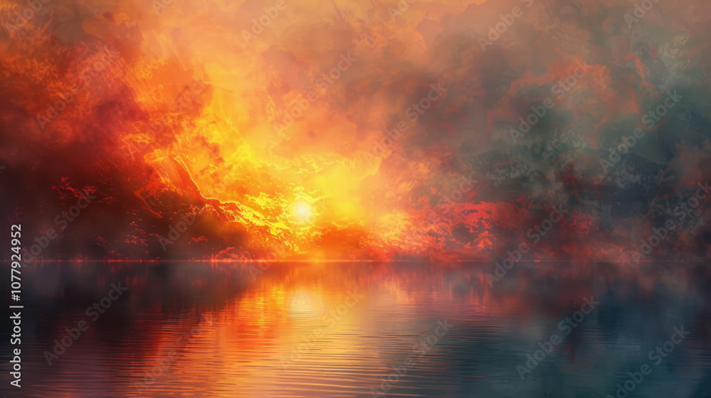 Sunset over a misty lake, the sky ablaze with fiery colors, blending into the peaceful water below