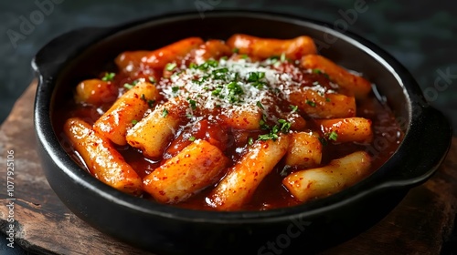 A serving of tteokbokki, chewy rice cakes cooked in a spicy gochujang sauce, often topped with fish cakes.