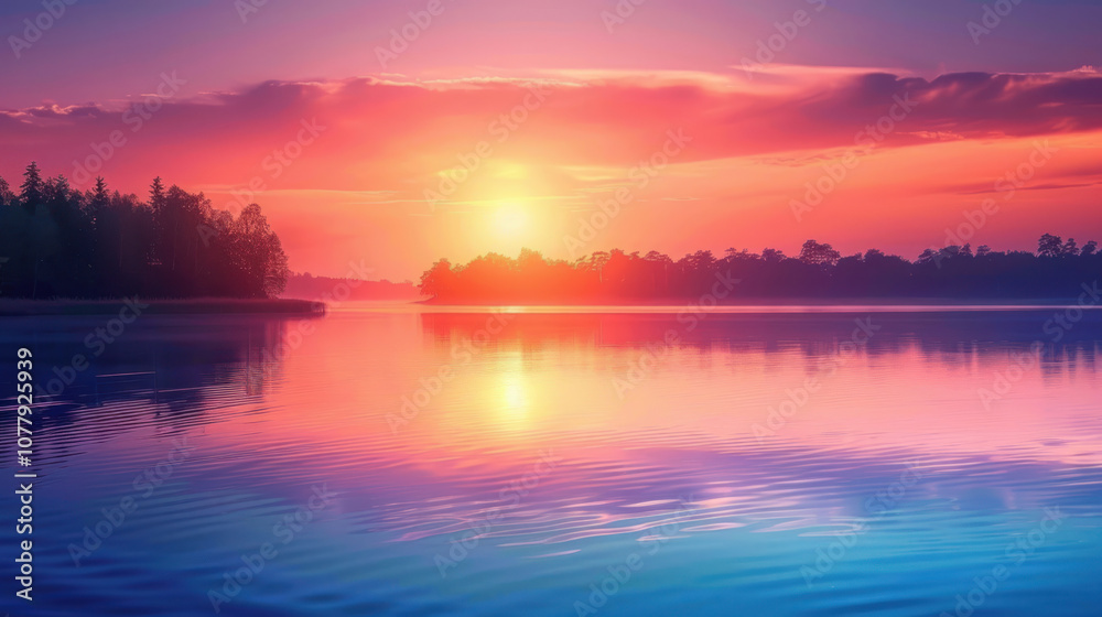 Sun setting behind a quiet lake, the water glowing with warm, pastel colors as day transitions to night Sun setting behind a quiet lake, the water glowing with warm, pastel colors as day transitions to night