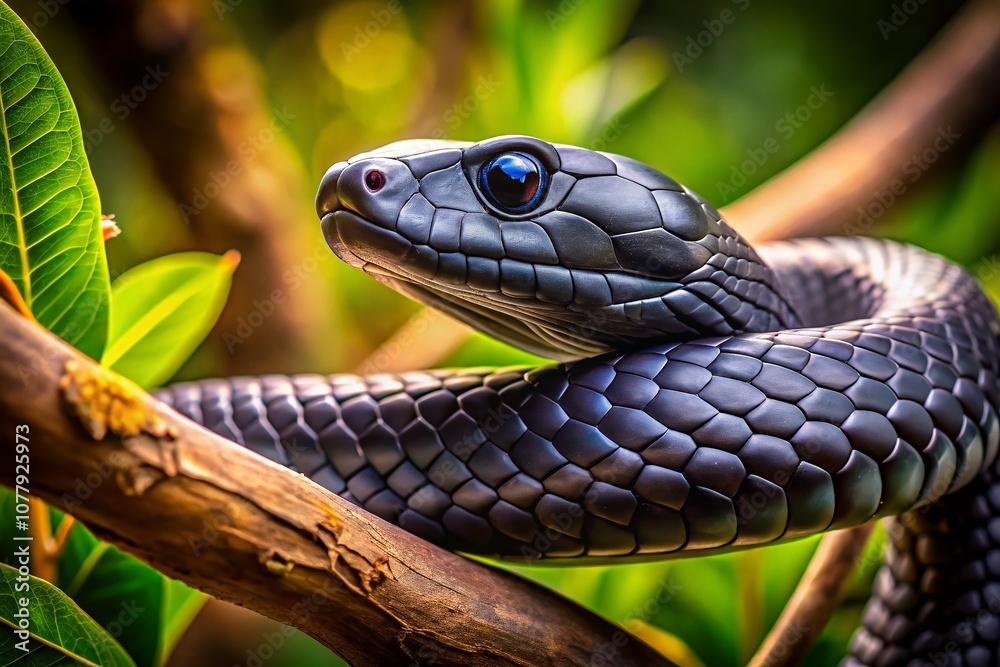 Obraz premium Captivating Close-Up of a Black Mamba Snake in Its Natural Habitat, Showcasing Intricate Scale Patterns, Grip on Branches, and Striking Eyes for Nature and Wildlife Photography