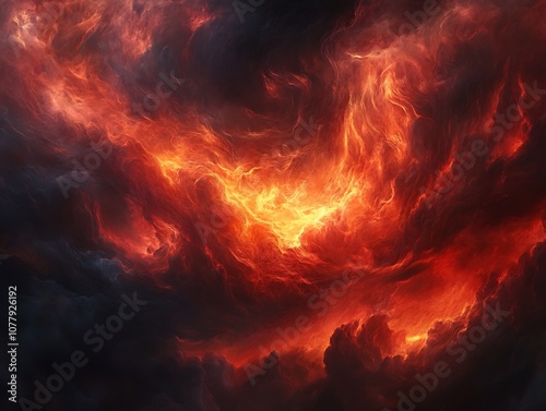 Billowing red and orange smoke clouds against a pitch-black background, creating a dramatic and abstract effect with intense contrast.