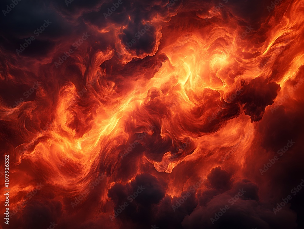 Fototapeta premium Billowing red and orange smoke clouds against a pitch-black background, creating a dramatic and abstract effect with intense contrast.