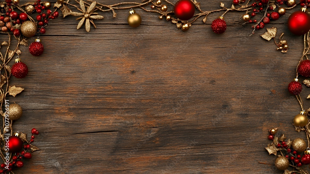 Rustic wood background with red and gold Christmas ornaments. Rustic wood background with red and gold Christmas ornaments.