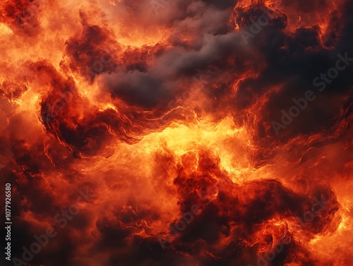 Billowing red and orange smoke clouds against a pitch-black background, creating a dramatic and abstract effect with intense contrast.