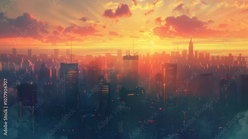 The city skyline bathed in the soft light of the rising sun, the sky painted with shades of orange and pink. The city skyline bathed in the soft light of the rising sun, the sky painted with shades of orange and pink.