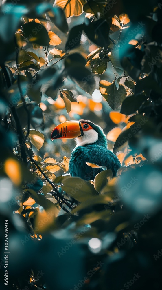 Fototapeta premium Colorful toucan amidst lush foliage