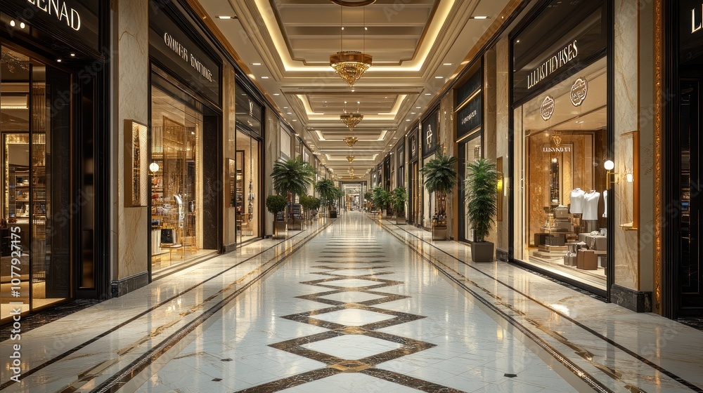 Luxurious shopping mall interior with elegant design and lighting. Luxurious shopping mall interior with elegant design and lighting.