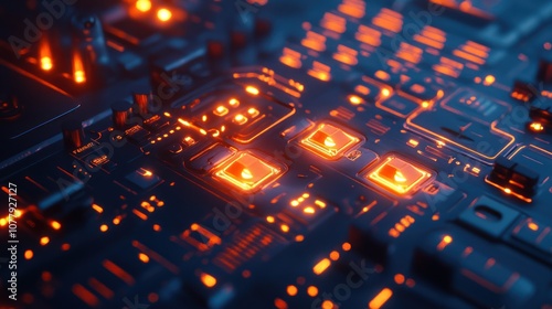 A close-up view of a futuristic circuit board with glowing elements.